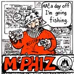 Comic page of McPhiz the countryside ranger going fishing and illustrates the need to collect your fishing line and save wildlife from distress - although the swan beats him up in the end. 